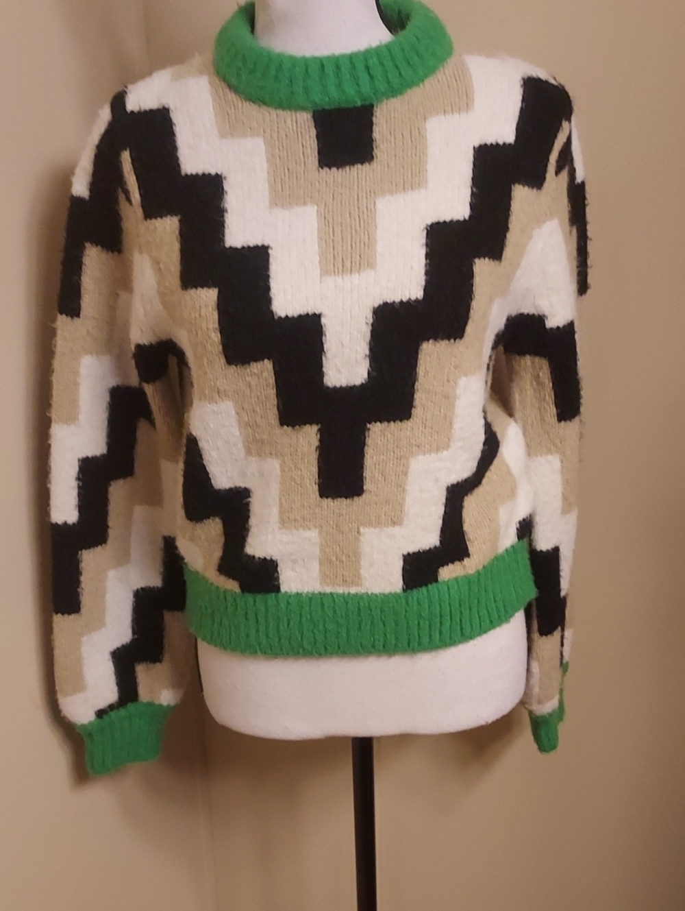 Callahan Green, Cream & Black Geometric Crewneck Sweater